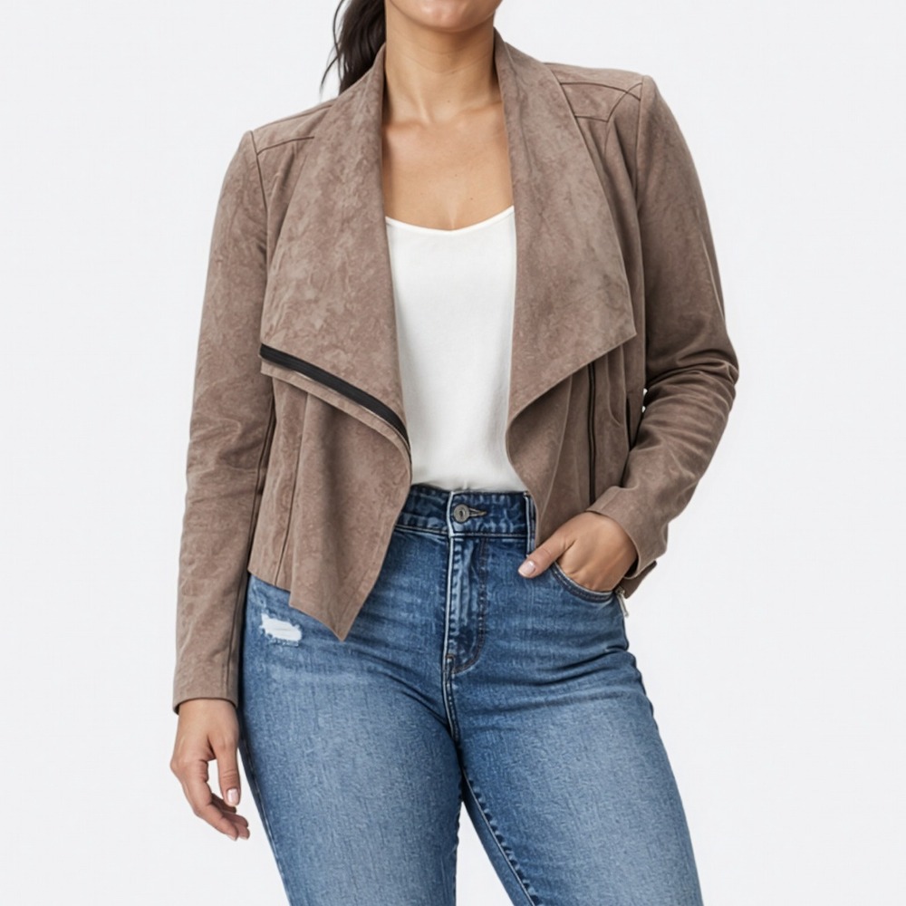 Zara Antiqued Taupe Moto Jacket L Draped Waterfall Open Front Effortless Chic